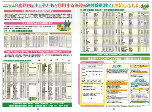 23年度～25年度にかけて、放射線量の測定結果を報告するページを何度も掲載している。23年8月発行の第39号では、2・3ページ見開きで、放射線量の測定開始について報告。